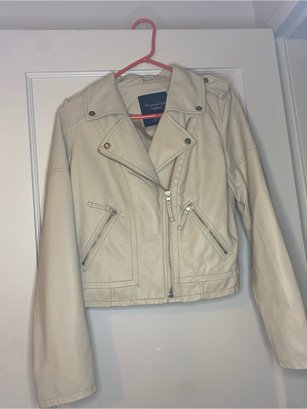 American Eagle Cream Vegan Leather Moto Biker Jacket NWOT